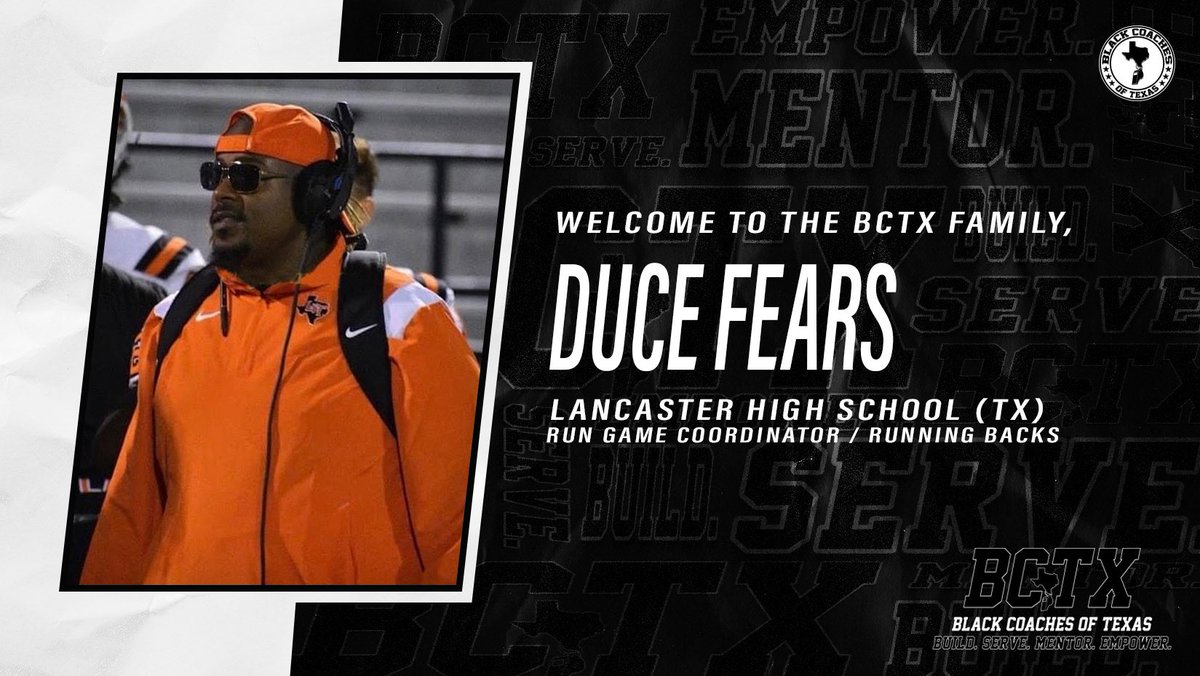 BlackCoachesTX's tweet photo. Welcome another veteran Coach to #BCTX with plenty of skins on the wall and great man for kids, @coach_fears! 

Build. Serve. Mentor. Empower.

#BCTX🫱🏾‍🫲🏿 https://t.co/Ig55Cs1ysy