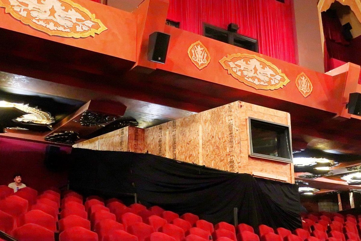 SaveYourCinema's tweet photo. Construction for the IMAX 70MM projector booth @ChineseTheatres for Oppenheimer! https://t.co/tfExqkG38E