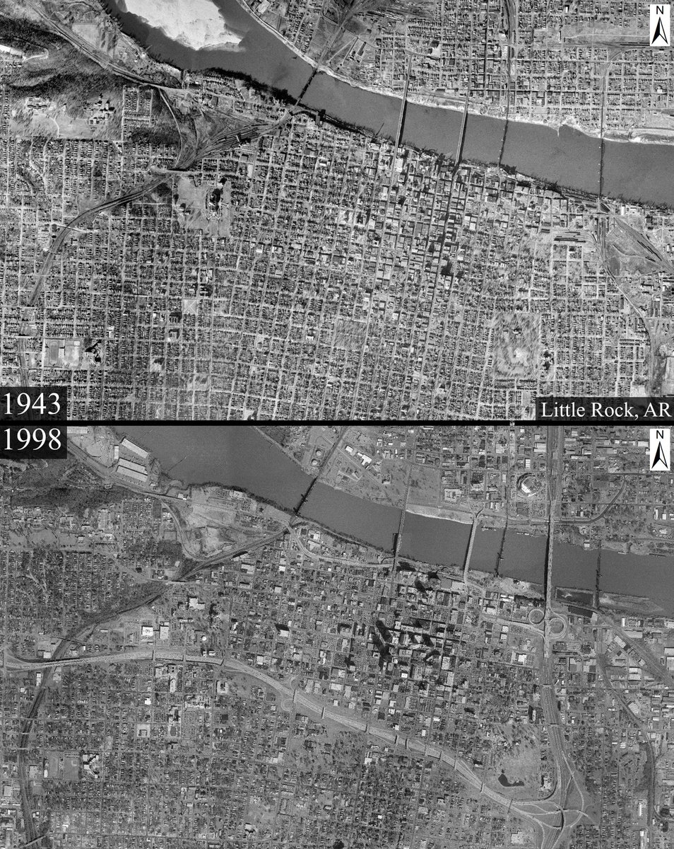 American cities weren’t built for cars. They were destroyed for them.

Little Rock, Arkansas - 1943 vs 1998
