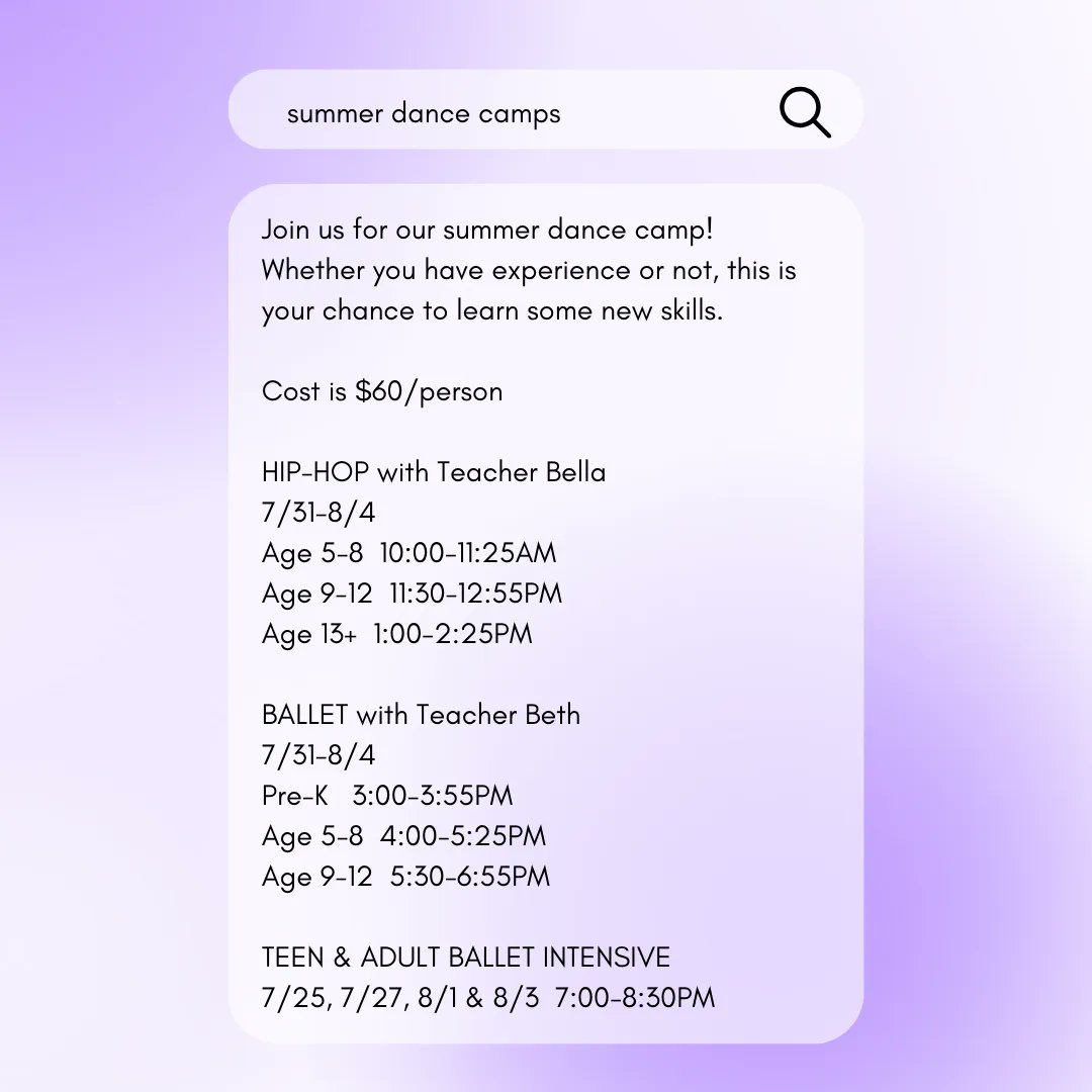 FreshAttitudeWA's tweet photo. Join us for our summer intensive dance camp!

Cost is $60/person ($50 for additional siblings)

To register, print out and mail your completed form to the address at the bottom. Forms available at: https://t.co/s8tCOzVRb5

Contact info@freshattitude.com if you have any questions! https://t.co/eUTpUiljIS