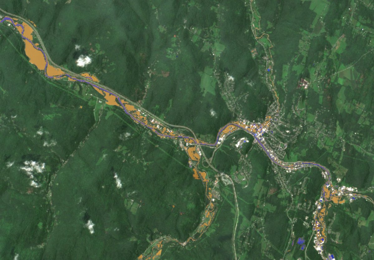 I made an app to map the floods in Vermont. There's almost 100% state coverage by satellite images from midday July 11. I added typical summer images so you can compare. Zoom, search, turn layers on/off! Default view is major flooding in Montpelier, VT. edethier.users.earthengine.app/view/vermont-f…