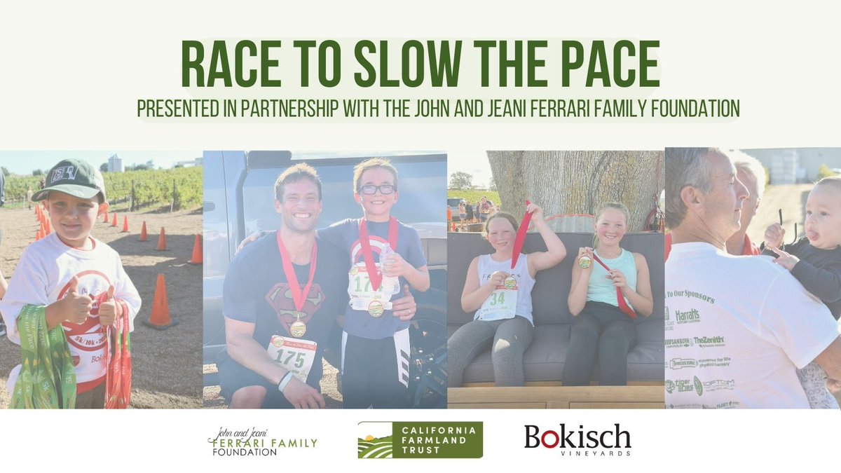 CaFarmTrust's tweet photo. Bring your running shoes and your family's because the Race to Slow the Pace 5k/10k is open to participants of all ages! 

See you at Bokisch Vineyards in Lodi on Sunday, Sept. 17th, as we run to slow the pace of development 🏃‍♀️

https://t.co/NxQ69zKiPn

#racetoslowthepace https://t.co/mp4UvucoyB