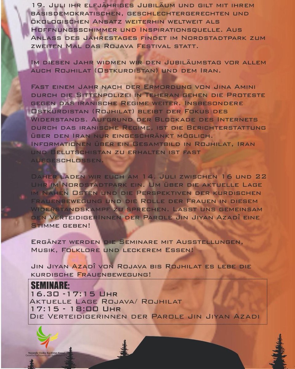 NckKassel's tweet photo. Programm für Freitag: 

Beginnen tun wir mit unseren Seminaren 

16.30Uhr Aktuell Lage Rojava/Rojhilat 
17:15 Uhr Die Verteidigerinnen der Parole Jin Jiyan Azadi 

Danach Abendprogramm mit Musik, Tänzen  und gutem Essen

Wir freuen uns auf euch! https://t.co/69kkUVSBn2
