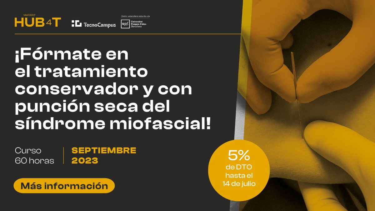 5% de DTO hasta el 14/07💥 ¡Fórmate en el diagnóstico del síndrome del #dolormiofascial💆 y su tratamiento, con técnicas de #fisioterapia conservadora y #punciónseca, con el 🆕 curso de <a href="/TecnoCampus/">TecnoCampus</a>!

📅 Septiembre

🤓 <a href="/_MikiMartinez/">Miki Martínez</a>
🤝 <a href="/TravellySimons/">Travell y Simons</a>

⬇️
bit.ly/3Zr6FpI