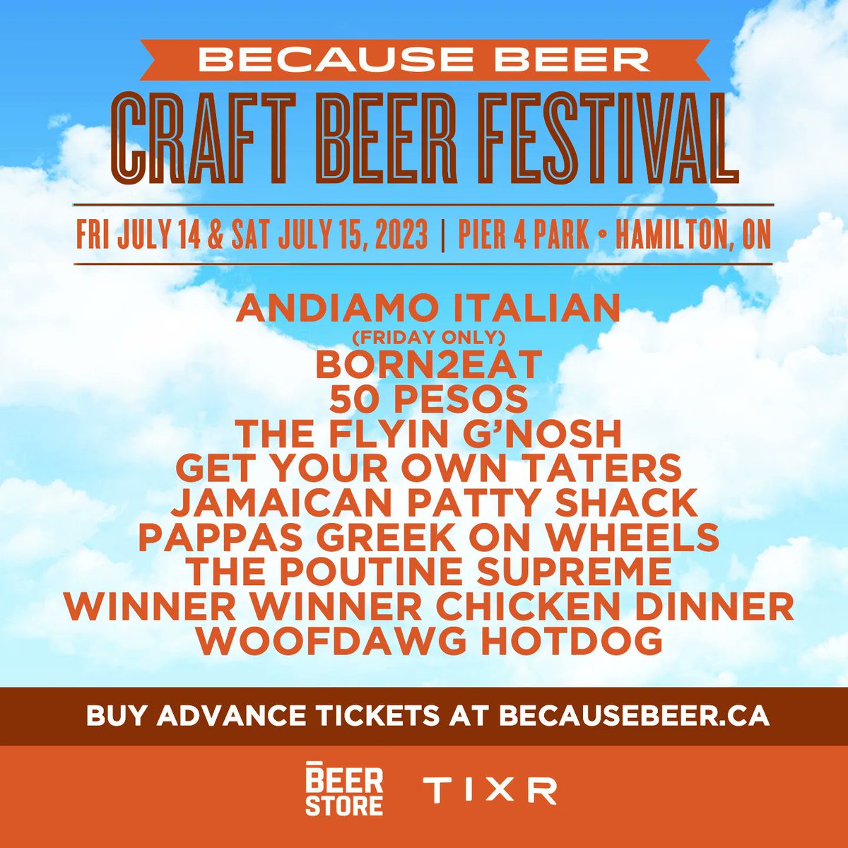 BecauseBeerCA's tweet photo. Because Food 🌮 
 We've got your perfect pairings covered with food trucks from Andiamo Italian, Born2Eat, 50 Pesos, The Flying G'Nosh, Get Your Own Taters, Jamaican Patty Shack, Pappas Greek on Wheels, The Poutine Supreme, Winner Winner Chicken Dinner, and Woofdawg Hotdog! https://t.co/5tiLI19d1G