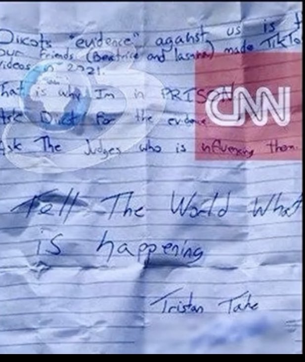TateTheTalisman's tweet photo. In jail I found out what “evidence”they were collecting to convict me on a “human trafficking” charge.

I was punished for passing this note to the media telling them it was because friends of mine made TikTok videos.

The world laughed at me, but this is now their “case”. https://t.co/imwpEh2AVB