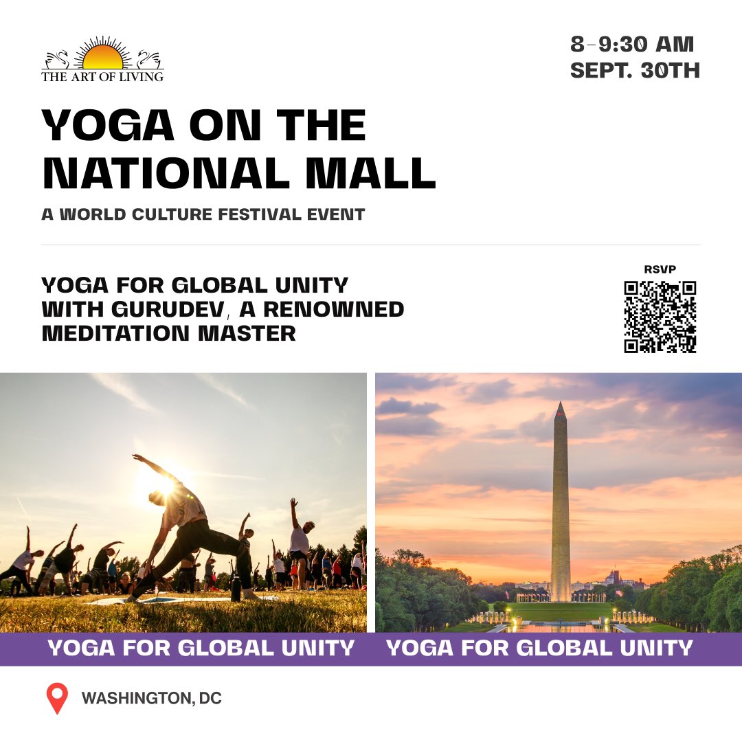 artoflivingusa's tweet photo. Are you a yoga enthusiast? 

Be a part of the biggest yoga event ever on the National Mall in DC 🙌 

🗓️ Sat. Sept. 30 - 8 - 9:30 am

Save your spot now 👉 https://t.co/PGwar85718

#yoga #worldculturefestival https://t.co/7ijMgMh3x4