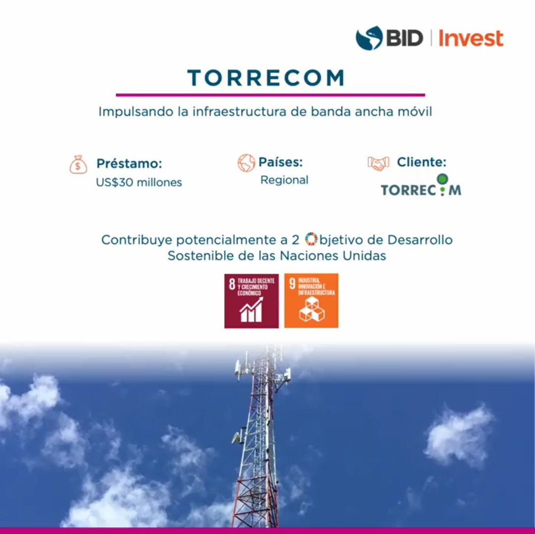tomasber's tweet photo. ¡@BIDInvest fomenta el despliegue de la banda ancha móvil en la región! A través de un préstamo de US$30 millones a #Torrecom, se busca mejorar la infraestructura de las telecomunicaciones en El Salvador, Guatemala, México, Panamá y otros países de #ALC: https://t.co/BjGaO3ejzf https://t.co/2Sp5qDMQmK