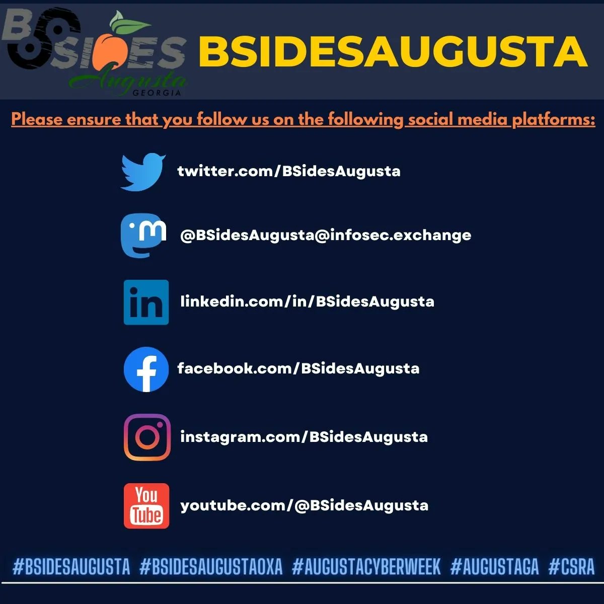 Make sure you follow our pages. #BSidesAugusta0xA #BSidesAugusta #cyber #tech #cybersecurity #InfoSec #AugustaGA #csra BSidesAugusta.org