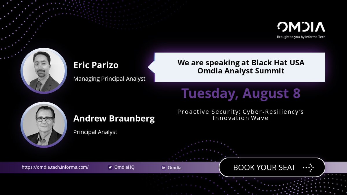 OmdiaHQ's tweet photo. Join #Omdia analysts @EricParizo and @abraunberg at the #BHUSA #OmdiaAnalystSummit on Aug 8 as they examine the genesis of #proactivesecurity and its place in context with traditional preventative and reactive solution categories. Register here today: https://t.co/30oS061RlE https://t.co/gy2oGS0lRt