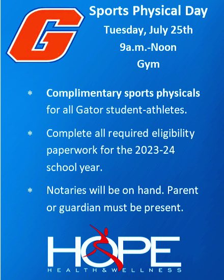 Mark your calendars! Sports physicals for our Gator 🐊 athletes on 7/25 from 9am-noon! ⚽️🏀🏈⚾️🥎🎾🏐🏉🎳🥍⛳️🏊🏻‍♀️ 🧡💙<a href="/Rivierabch/">City of Riviera Beach, FL.</a> <a href="/CityofPBG/">City of Palm Beach Gardens</a>
