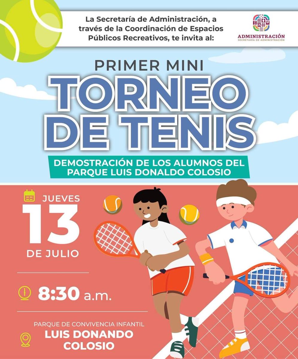 Admon_GobOax's tweet photo. 🎾 No te puedes perder el Primer Mini Torneo de Tenis, será una divertida demostración de las y los alumnos que asisten a las clases que se imparten en el Parque Luis Donaldo Colosio. 🥎

¡Asiste y diviértete!

🗓️ Jueves 13 de julio | 8:30 a.m.
📍Parque Luis Donaldo Colosio. https://t.co/oUXha6mUpT