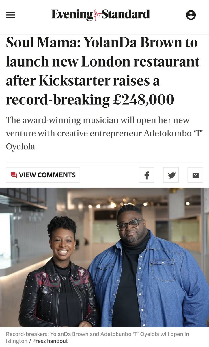 Thank you <a href="/EveningStandard/">nope s</a> for <a href="/soulmamalondon/">Soul Mama London</a> Feature. 2 Weeks since our record breaking <a href="/kickstarter/">Kickstarter</a> campaign &amp; we’re overwhelmed by the love! It’s NOT too late, get your name on the Founders Wall. Go to: soulmama.co.uk Soul Mama - Built By Love standard.co.uk/reveller/fooda…