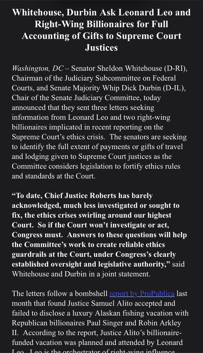 JustinElliott's tweet photo. New: @SenatorDurbin and @SenWhitehouse write letters to Paul Singer and Leonard Leo for information on gifts to Supreme Court Justices following our story on Justice Alito’s Alaska fishing vacation
https://t.co/267hVpLzJe https://t.co/mLJscCVyJi