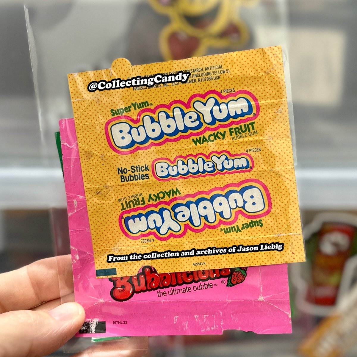 Collectingcandy's tweet photo. Pulling a fun one from the archives today. It’s a 1980s wrapper for Bubble Yum Wacky Fruit flavor bubblegum! 

This one lacks a UPC code so likely originated in some kind of multipack. 

Who remembers this delicious flavor? 

#80snostalgia #bubbleyum #80scandy #vintagecandy https://t.co/Art6PYLSDK