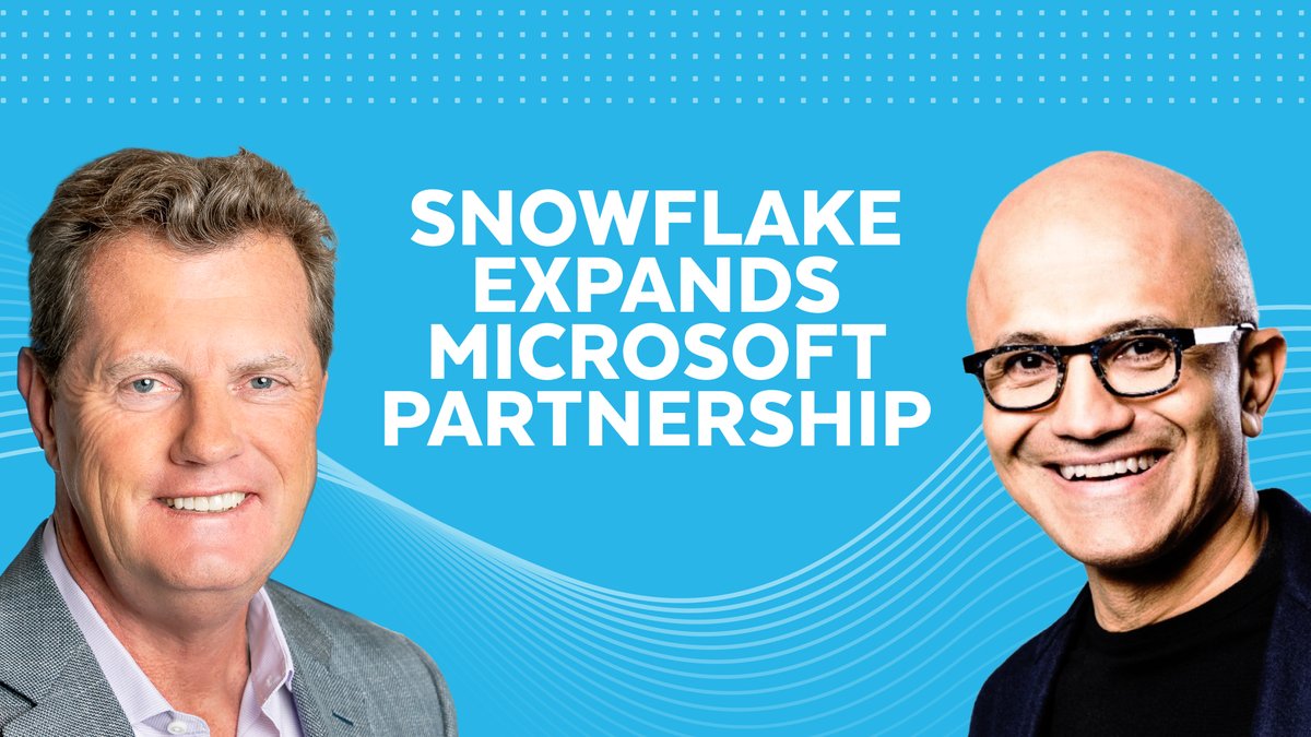 Snowflake's tweet photo. Learn how Snowflake’s expanded partnership with @Microsoft will combine the #DataCloud with Microsoft’s cloud technologies and #AI capabilities to help customers build intelligent solutions, especially as we enter the next wave of generative AI.

https://t.co/J6Ji3UwkIu https://t.co/OFrRrjIXtp