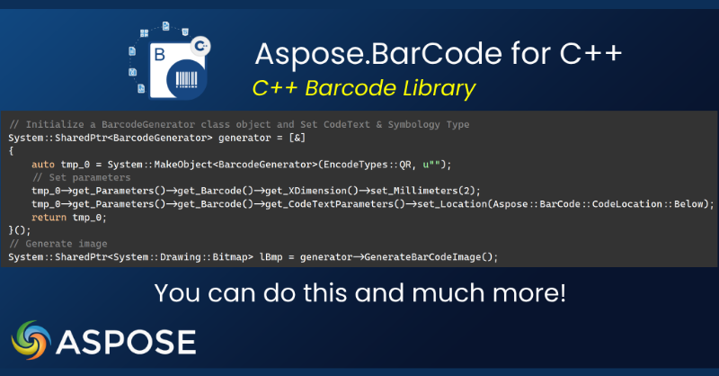aspose's tweet photo. Barcode API to add barcode generation &amp; recognition capabilities, as well as export generated barcodes using different high-quality image formats. This API allows customizing all barcode appearance parameters and much more. #cpp #programming #api