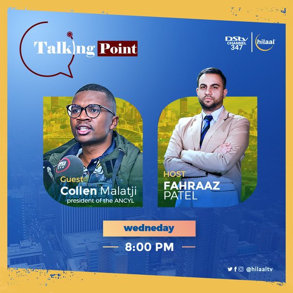 Collen_Malatji3's tweet image. Catch me on #TalkingPoint with 
Fahraaz Patel at 20h00 today on DSTV Channel 347 as we discuss the rise of the ANCYL, Youth unemployment and minorities in the ANC. 

#ANCYL26