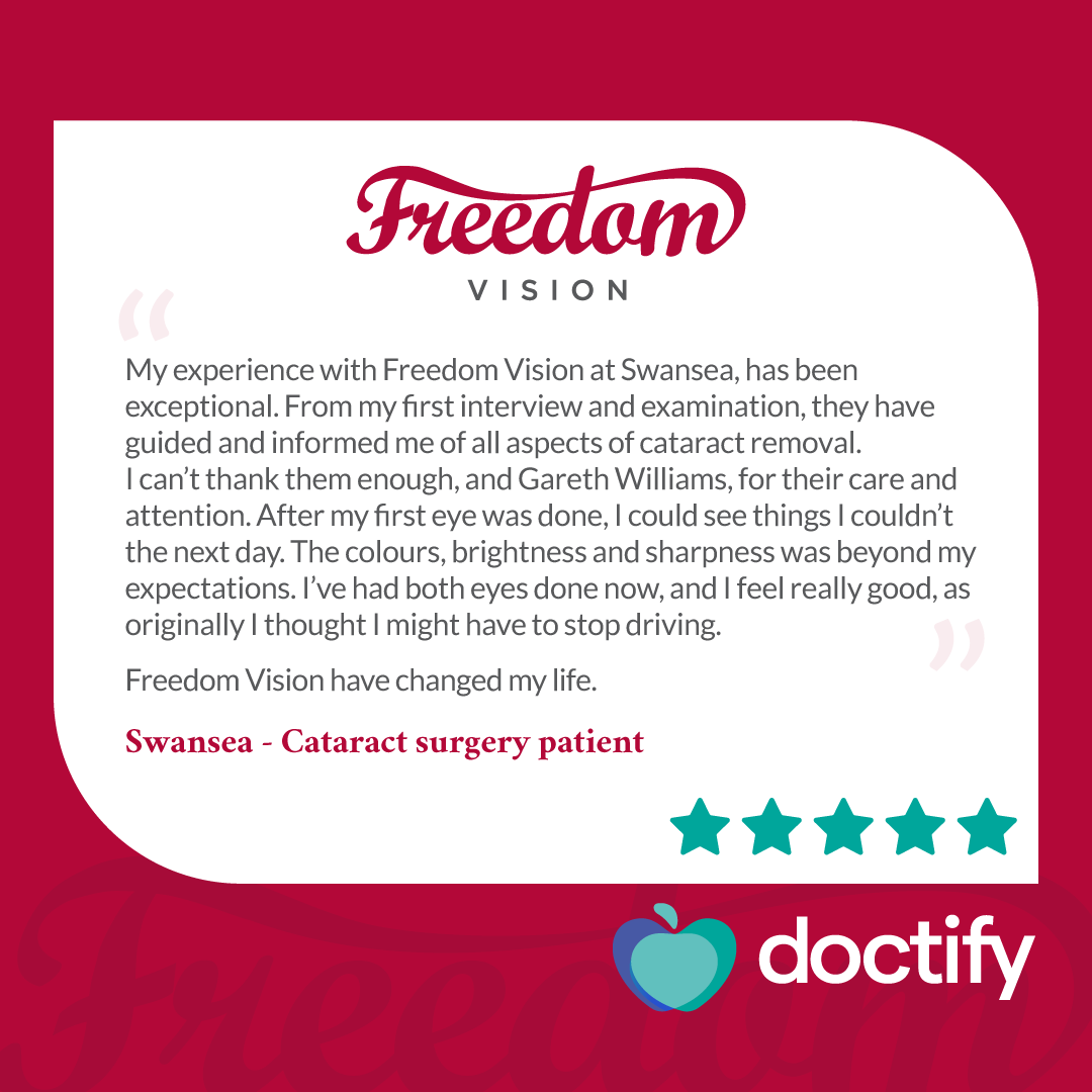 FreedomVisionUK's tweet photo. This patient awarded our Freedom Vision clinic in Swansea 5/5 for every aspect of their treatment, and we’re thrilled to hear they’re enjoying the life-changing effects of #cataractsurgery. https://t.co/0aqEWFb4Vh