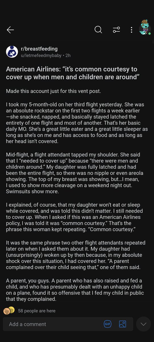 MmauricesPieces's tweet image. Shame on you @AmericanAir 
Your flight attendants sexualizing this mother and shaming her over feeding her infant. Shame on you. Not my story. Sharing from Reddit bc this mother doesn&apos;t have Twitter  #americanairlines #breastfeeding #boycott #parents #mothers #ebf