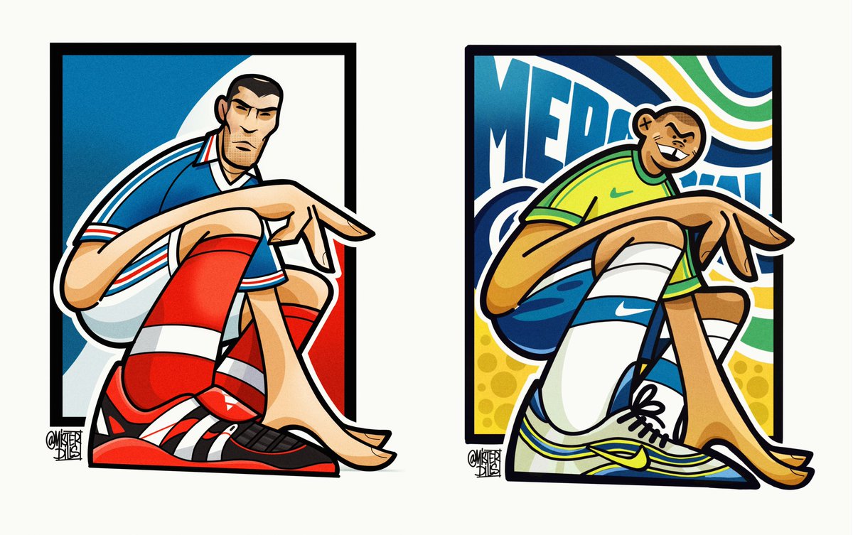 #OTD #FRANCE98 #WCFinal. 25 years today 🤯.

It’s weird, I started inking #R9 yesterday and drew #zidane today, with no idea it was the anniversary.

Anyway, two icons, in two iconic kits with two iconic boots. 

So… are you team #mercurial or team #predator? 🤔