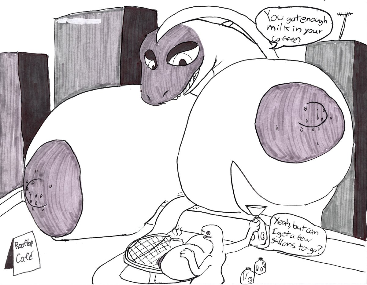 kob0ld's tweet photo. A little gift for https://t.co/6gwlBzrEFz of his Amtsvane Gveli working at a nice little rooftop cafe, providing service (and milk) with a smile.

I got a grey marker to try out and it changed color partway through.

#furry #hyper #macro #amtsvane #lactation #milk #boobs https://t.co/zMbLJlakOy