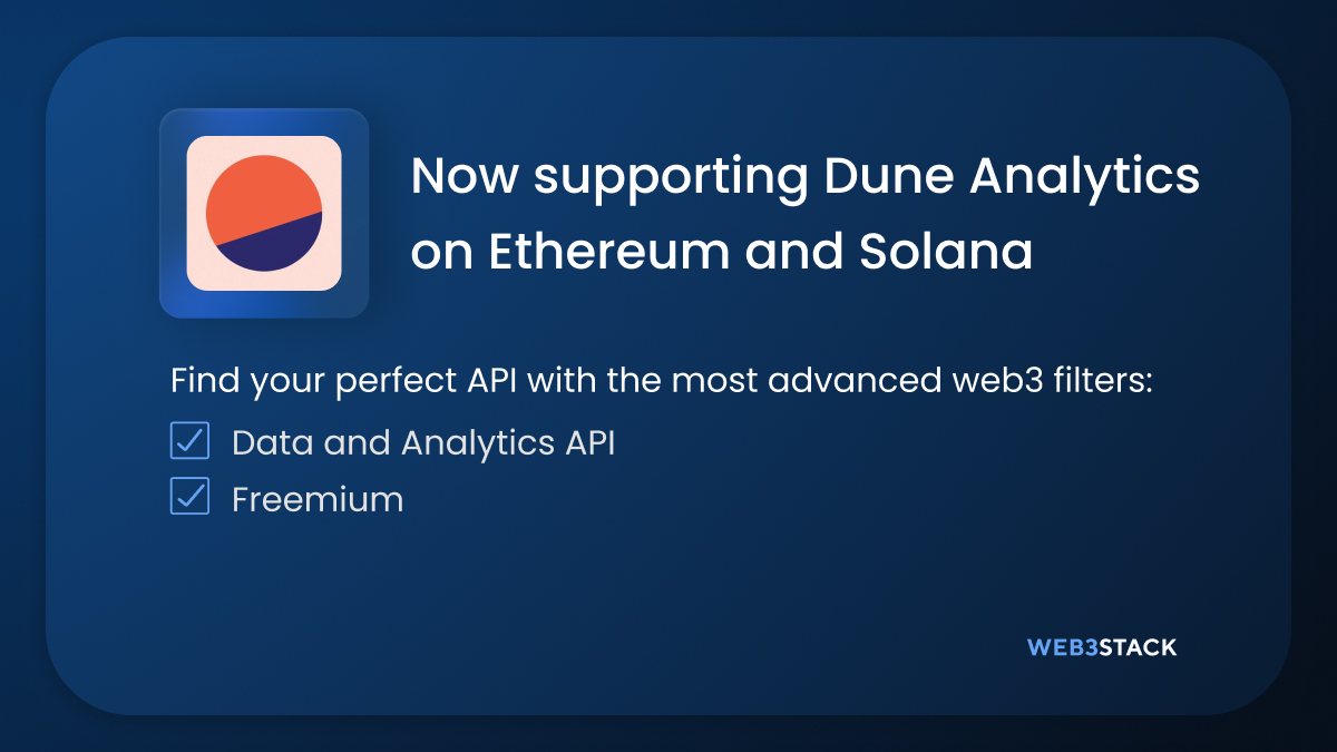 web3stackme's tweet image. Web3stack now supports @DuneAnalytics on Ethereum and Solana
Dune Analytics is a crypto's community data platform 
Vote for @DuneAnalytics as the best API
Explore more web3 APIs on Web3stack