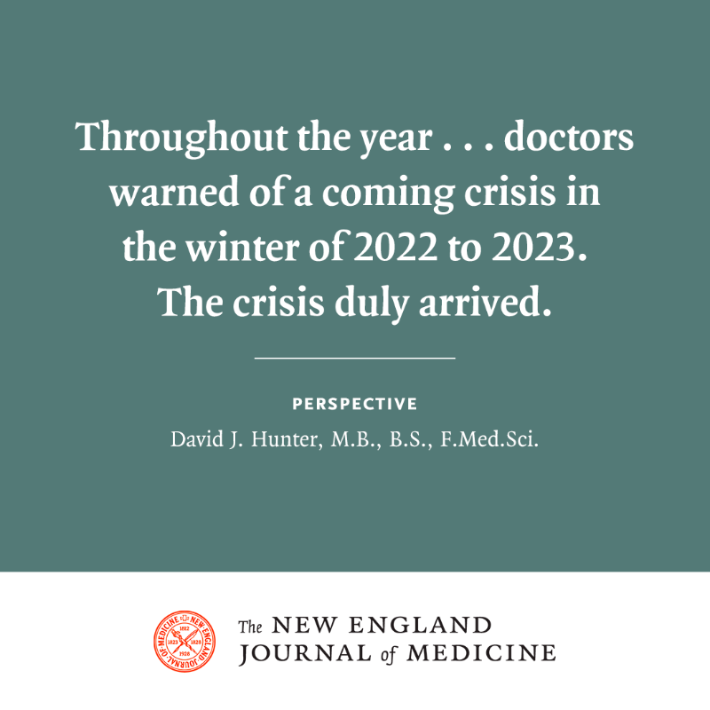 NEJM's tweet photo. The United Kingdom’s National Health Service (@NHSuk) has been pushed to the brink by long-term underinvestment, dependence on nursing homes, and demands created by a sicker population, influenza, and Covid-19. Read the full Perspective: https://t.co/iCgB2EARJe