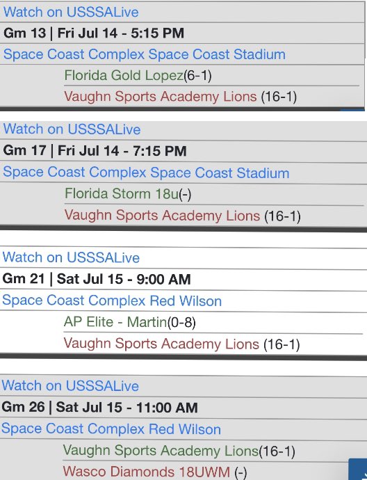 Our Schedule for Space Coast Power50 Invitational in Viera at the Space Coast Complex! <a href="/vaughnsports42/">Vaughn Sports Academy</a> <a href="/CoachMonti0105/">Mark Montimurro</a>