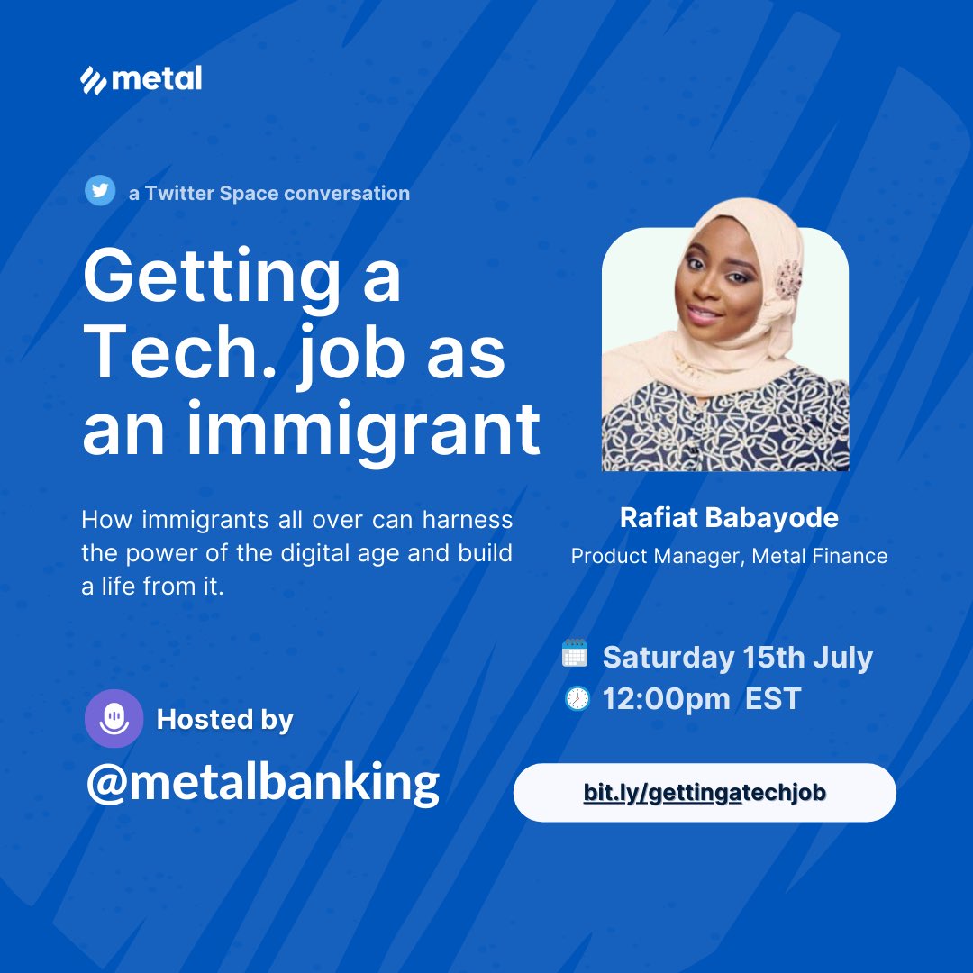 Fleapfinance's tweet photo. Immigrant? Curious about Tech?
Join us on #MetalSpaces this Saturday to talk about how to get a job in the industry π±πΌ
#Twitterspaces #techjobs #Immigrantjobs https://t.co/ai3TN6s5zA