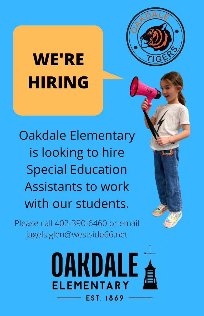 Oakdale is Hiring! Please consider a rewarding job working with children. Looking for 5.5-6 hours per day with starting pay at $15.10 per hour. Please retweet and spread the word! See contact information below.