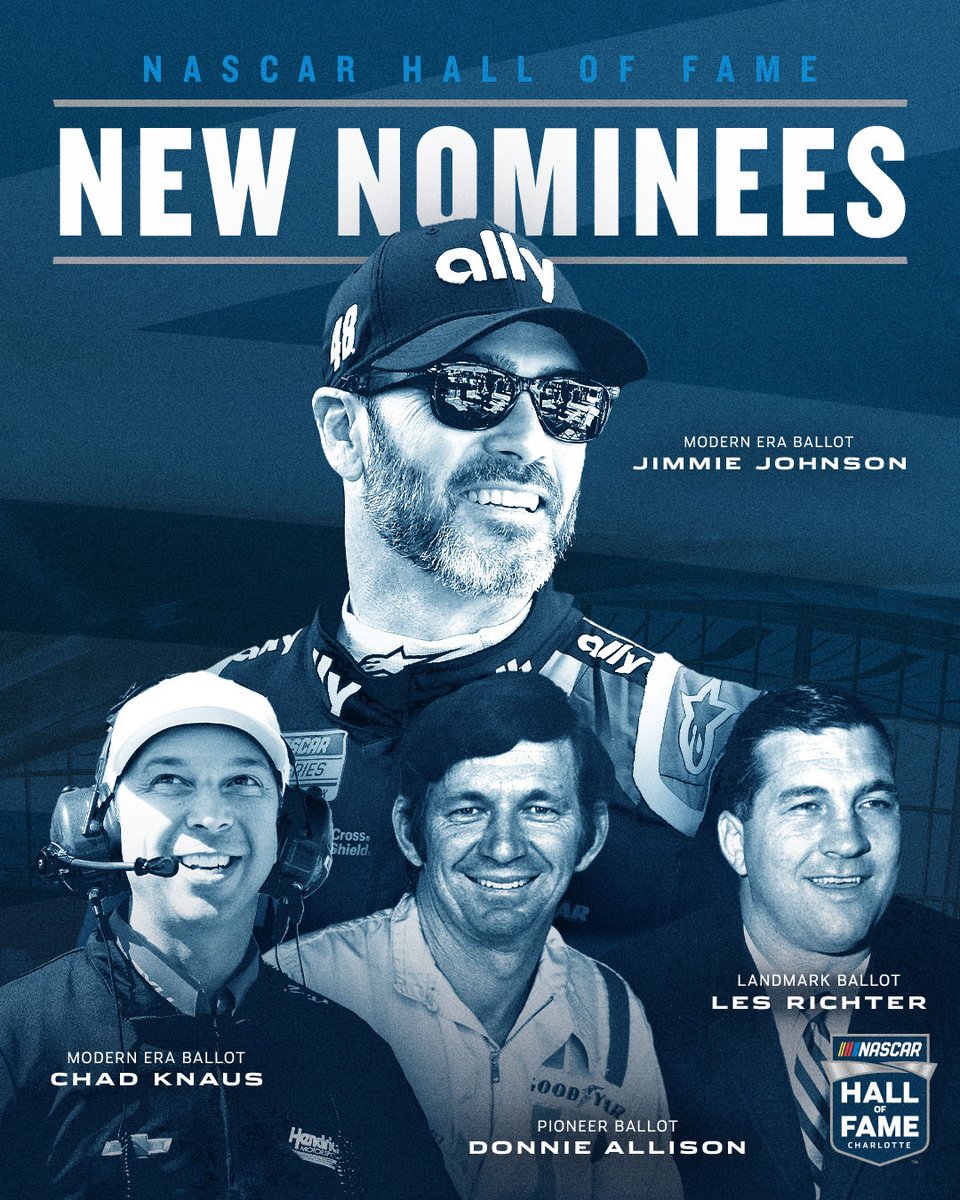 NASCAR's tweet photo. Four legends have a chance to become immortal.
Jimmie Johnson, Chad Knaus, Donnie Allison and Les Richter have been added to the 2024 #NASCARHOF ballot. https://t.co/fdw5G1IguR
