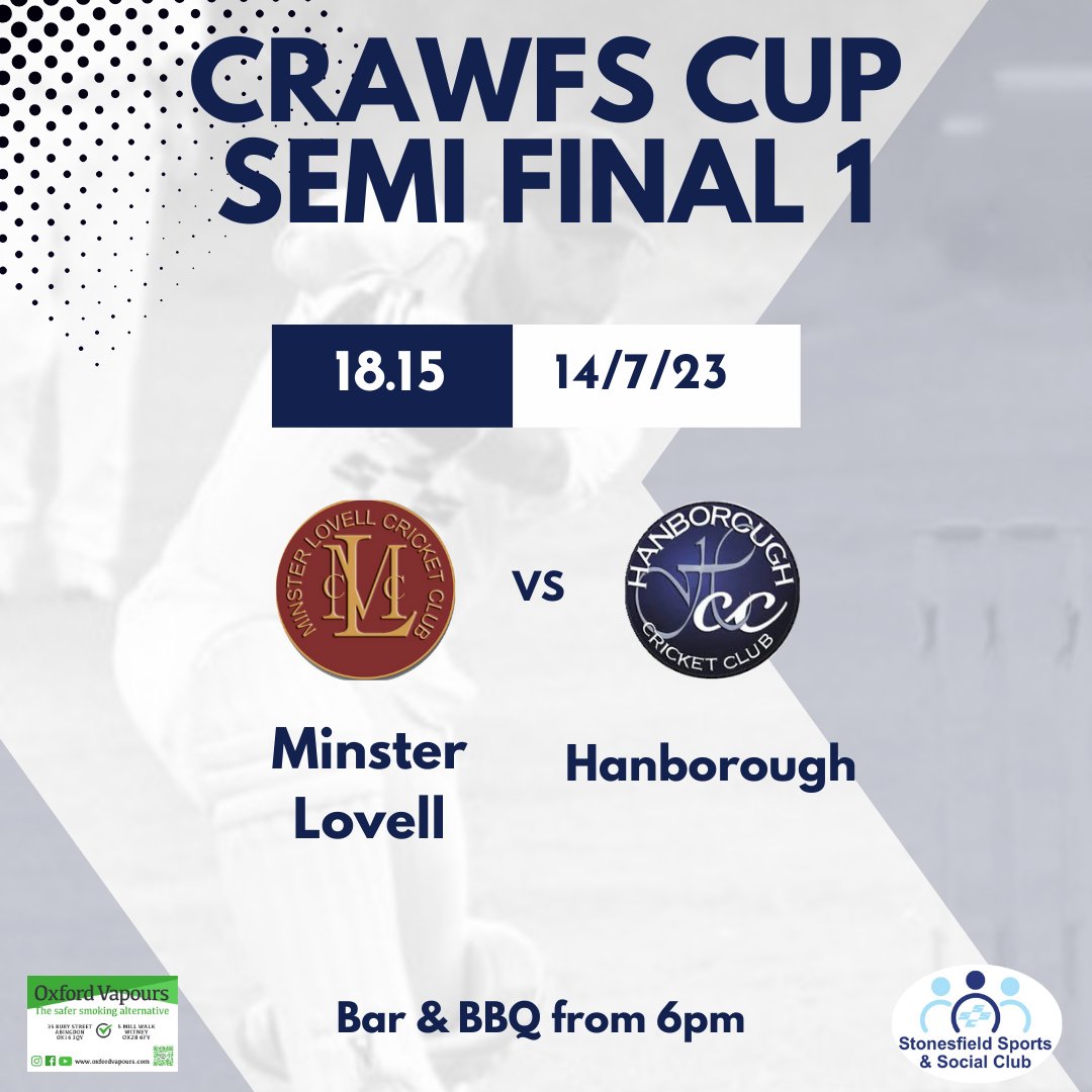 Stonesfield Cricket Club (@stonesfieldcc) on Twitter photo 🏏CRAWFS CUP SEMI FINAL🏏
<a href="/MinsterLovellCC/">Minster Lovell Cricket Club (P)</a> take on <a href="/HanboroughCC/">Hanborough CC</a> this Friday at Field Close in the first of the Semi Finals!
🏏6.15pm 🏏
🍻 Bar 🥂
🍔 BBQ 🌭 🏏CRAWFS CUP SEMI FINAL🏏
<a href="/MinsterLovellCC/">Minster Lovell Cricket Club (P)</a> take on <a href="/HanboroughCC/">Hanborough CC</a> this Friday at Field Close in the first of the Semi Finals!
🏏6.15pm 🏏
🍻 Bar 🥂
🍔 BBQ 🌭