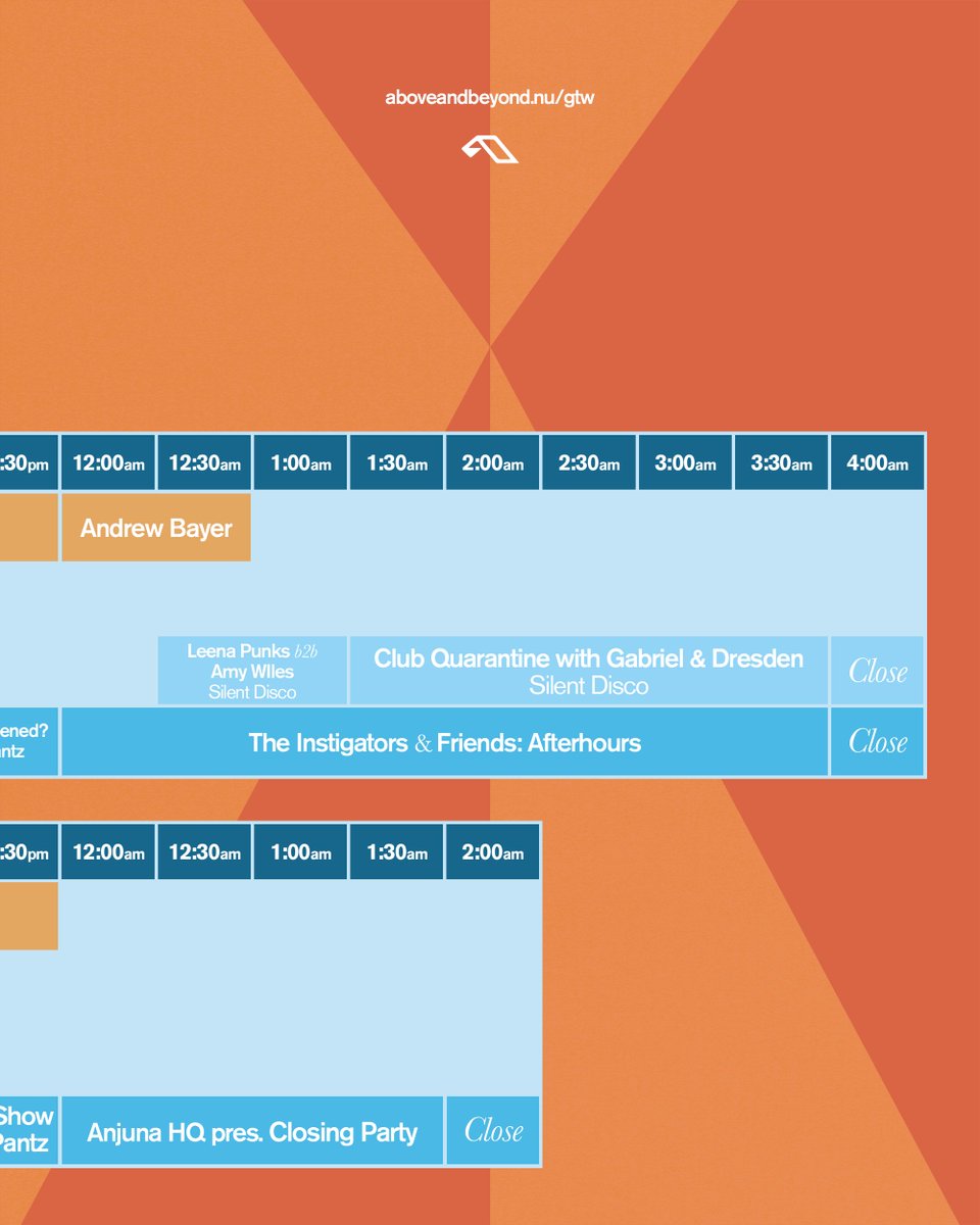 Next week, we return to the Gorge for Group Therapy Weekender 2023. Here's our full schedule for the weekend, including the introduction of two brand new areas: Camp Anjuna and the Anjunafamily Dome.

Full schedule and final tickets available now: aboveandbeyond.nu/gtw
