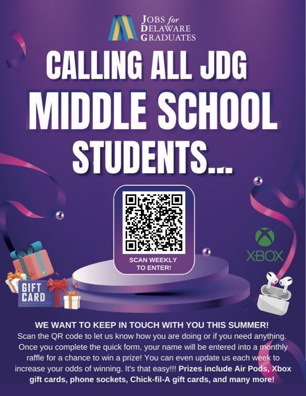 During the summer, JDG connects with participants to ensure they have the support, resources, and assistance need to have a safe and productive break!

Congrats to Julia, at W. T. Chipman, for winning June's summer check-in raffle.

Stay tuned for next month's BIG winner!