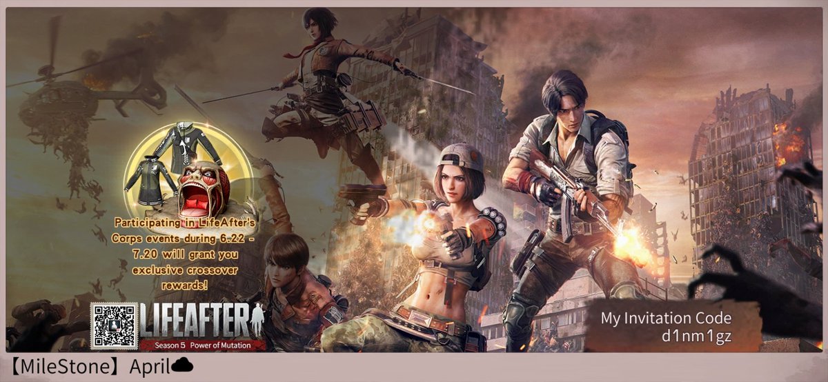 ssdhd1942's tweet photo. #LifeAfter x Attack on Titan Between 6.22 - 7.20, participating in corps events will grant exclusive Attack on Titan crossover rewards! Participate in the Corps Mode and use my Calling Code, [d1nm1gz]. https://t.co/ST8feLCyCo