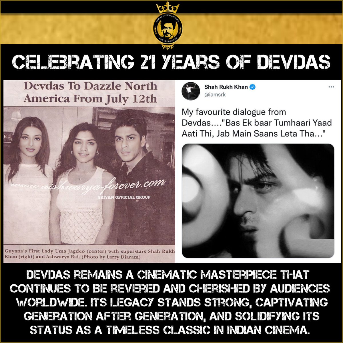 TeamSriyan's tweet photo. Devdas remains a cinematic masterpiece that continues to be revered and cherished by audiences worldwide. Its legacy stands strong, captivating generation after generation, and solidifying its status as a timeless classic in Indian cinema. #21YearsOfDevdas #ShahRukhKhan https://t.co/4Jd7MYA9cA
