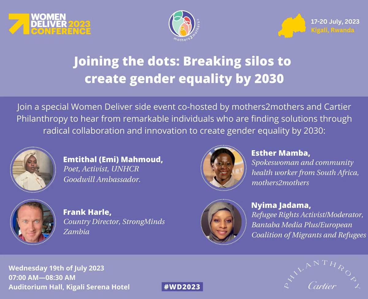 mothers2mothers (@m2mtweets) on Twitter photo Attending the <a href="/WomenDeliver/">Women Deliver</a> Conference in #Kigali next week? Then don't miss out on <a href="/m2mtweets/">mothers2mothers</a>' & #CartierPhilanthropy's official side event on "Joining the dots: Breaking silos to create #GenderEquality by 2030” on Wednesday 19th July! RSVP today at womendeliver@m2m.org. #wd2023 Attending the <a href="/WomenDeliver/">Women Deliver</a> Conference in #Kigali next week? Then don't miss out on <a href="/m2mtweets/">mothers2mothers</a>' & #CartierPhilanthropy's official side event on "Joining the dots: Breaking silos to create #GenderEquality by 2030” on Wednesday 19th July! RSVP today at womendeliver@m2m.org. #wd2023