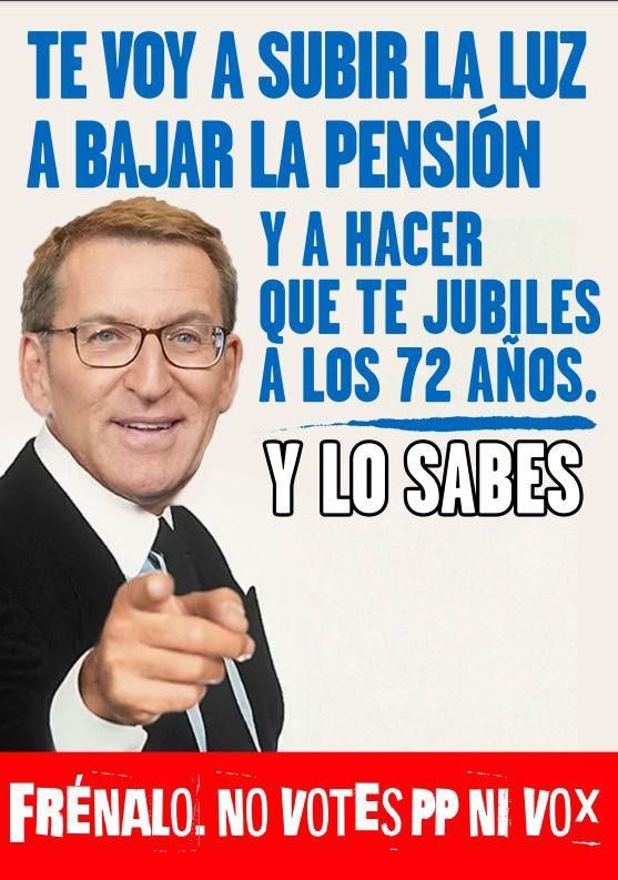 La propuesta d Feijoo y el PP en pensiones. Volver a las andadas d recortarlas y ampliar edad d jubilación hasta los 72
#23J no les votes pensionista, somos 10M y podemos evitarlo #Adelante.
Y vota .<a href="/sanchezcastejon/">Pedro Sánchez</a> #VotaPSOE q ya garantiza x ley su aumento al IPC.
#EspañaAvanza