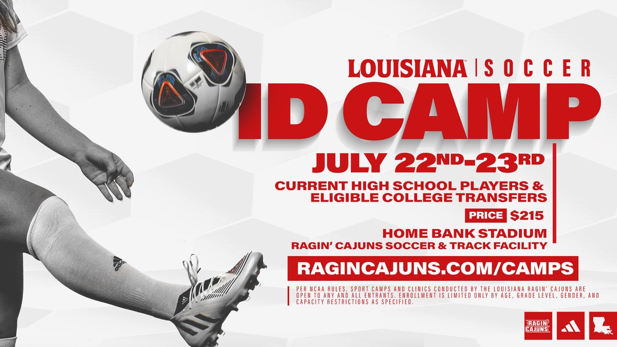 RaginCajunsSOC's tweet photo. 📅 Soccer ID Camp 

Our final camp for High School players and eligible college transfers is scheduled for July 22-23.

📝 https://t.co/9GFA4OnnLy

#GeauxCajuns ⚜️ https://t.co/AX4X7inerM