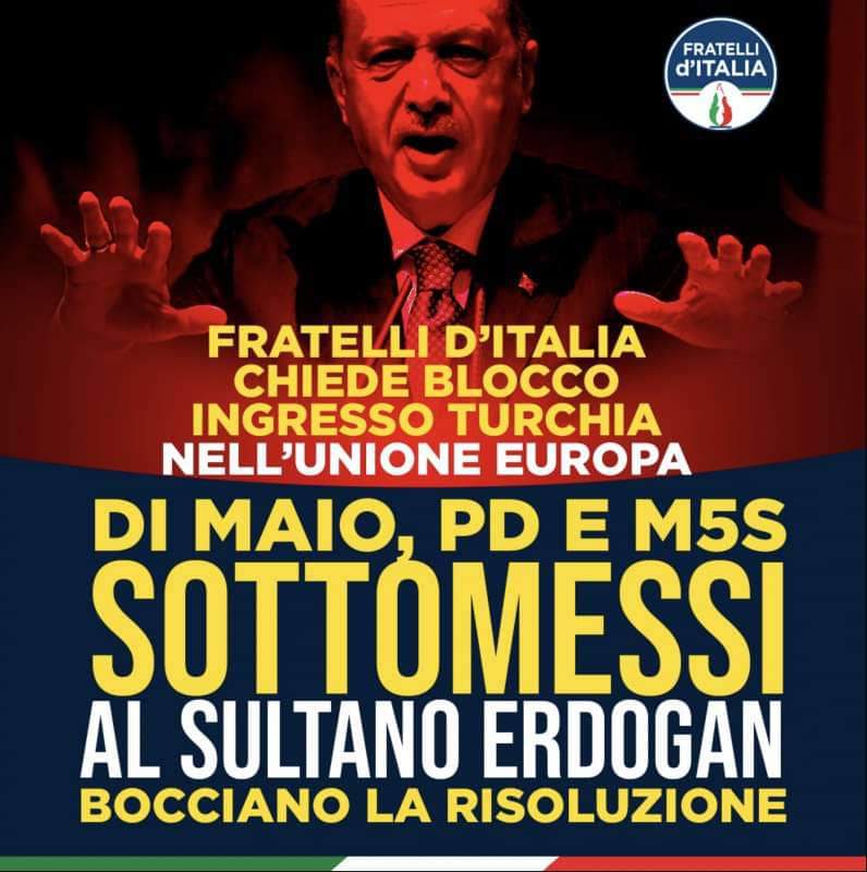 C’era una volta la Meloni che chiedeva il blocco dell’ingresso della Turchia nell’Ue (2021). Oggi la Meloni ha incontrato Erdogan accettando lo sblocco della trattativa sull’ingresso della Turchia nell’Ue. Ma per il potere bisogna abiurare ogni idea fondante, cedere su tutto? 
MA
