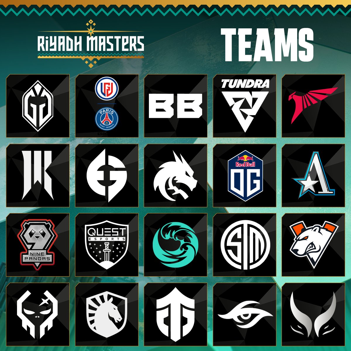 EWC_EN's tweet photo. The lineup for #RiyadhMasters is truly incredible 🤩

Only ONE of these fantastic teams can grab that massive $5,000,000 first place prize; who do you think it will be? 🏆

#ThelandofHeroes https://t.co/C2NZrCffB2