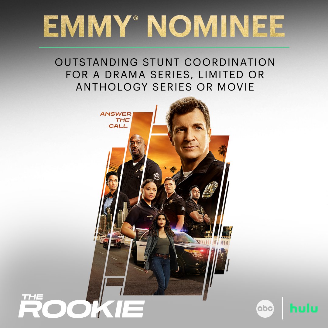 therookie's tweet photo. Congratulations to #TheRookie on the #Emmy Nomination for Outstanding Stunt Coordination For A Drama Series, Limited Or Anthology Series Or Movie! #EmmyNoms #Emmys https://t.co/99Q0pFPv3M