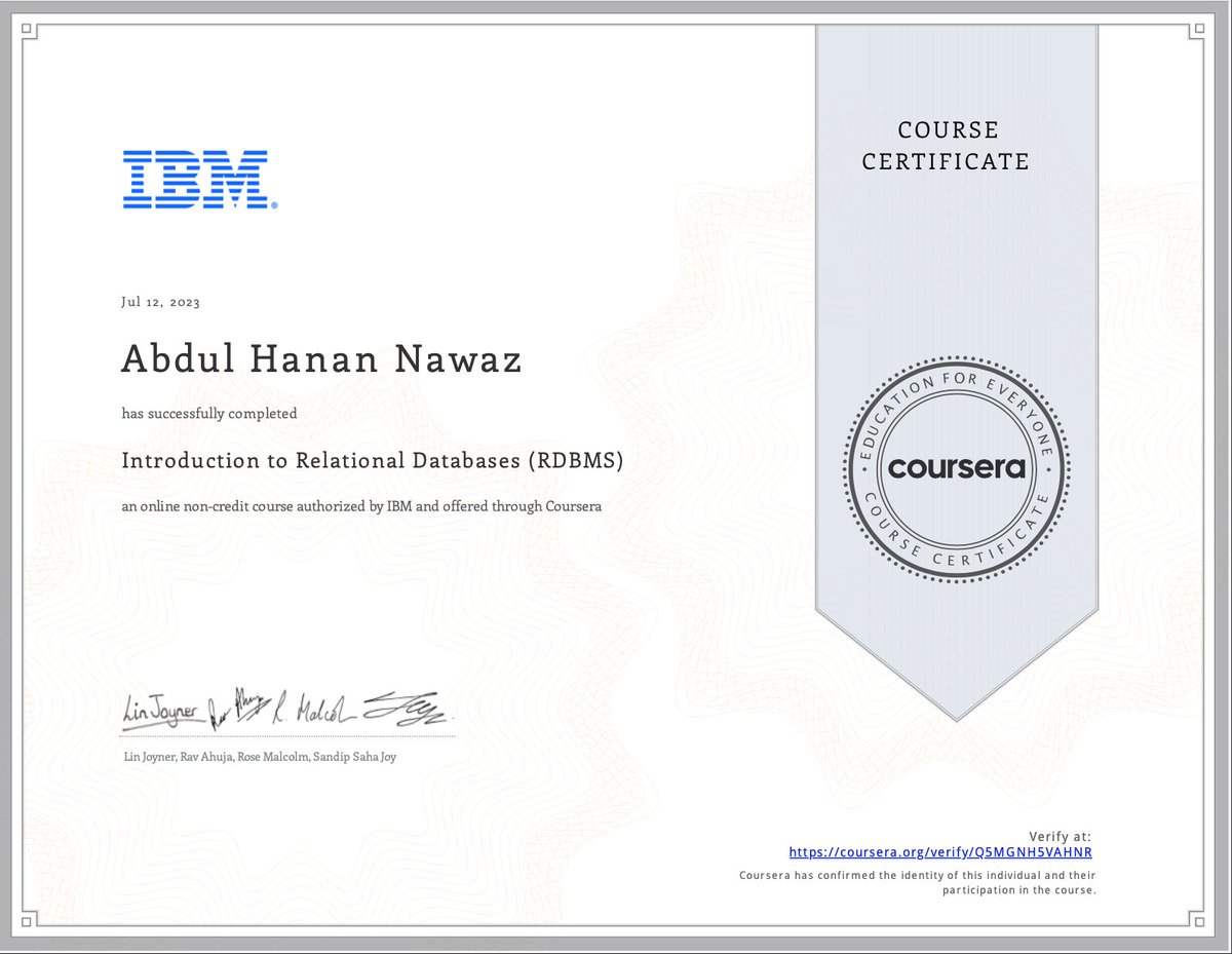 HananNawaz0's tweet photo. 🎓 Exciting news! I just completed the "Introduction to Relational Databases (RDBMS)" course offered by IBM through Coursera. 📚💻 It was an amazing learning journey where I delved into topics like 1NF, 2NF, 3NF, basic SQL, and even PostgreSQL.

 #Database #IBMxCoursera https://t.co/HKob47qtJu
