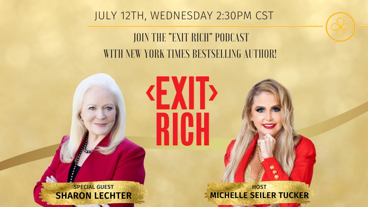 HAPPENING TODAY! 

LIVE at 2:30pm (CST) is another episode of the Exit Rich podcast you won’t want to miss! Join us for the special reunion of co-authors @mseilertucker and Sharon Lechter 1 year after the publishing ‘Exit Rich’! 

#exitrich #business #businessowner