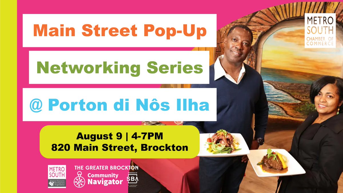 The Chamber is holding a Main Street summer pop-up networking series highlighting different unique restaurants and venues along Brockton’s Main Street!

Visit our website metrosouthchamber.com/events to register &amp; learn more about each special location! #brockton #wherebetterbegins