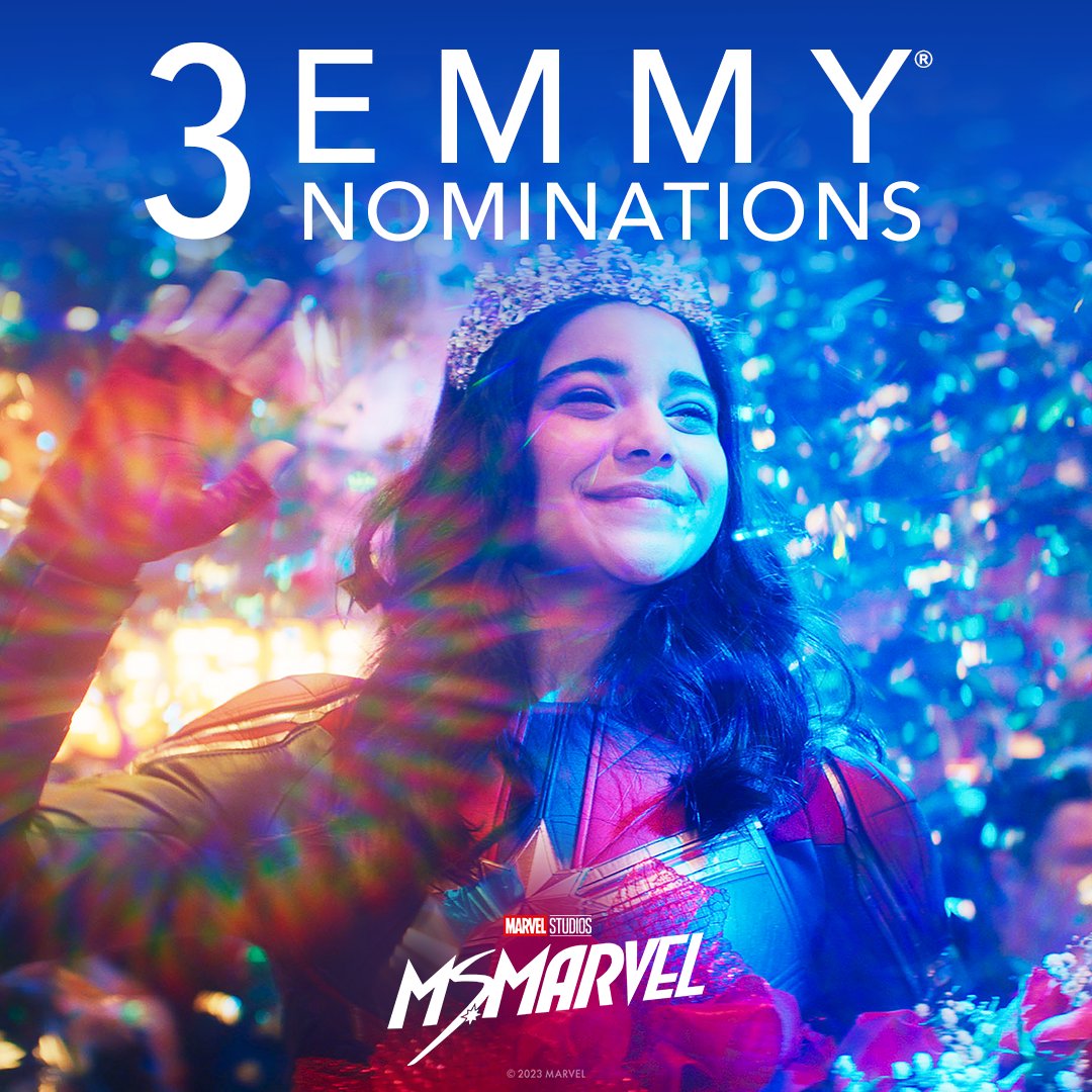Marvel's tweet photo. Congratulations to the cast and crew of Marvel Studios' #MsMarvel for their three Emmy® nominations! #Emmys https://t.co/PpwnoKCPHj