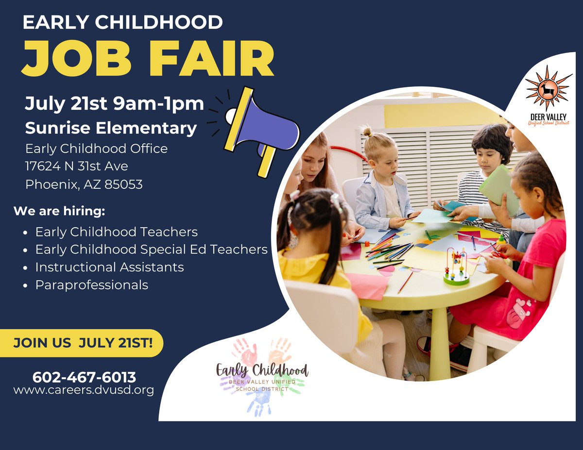 Come join our #ExtraordinaryEarlyChildhood team. We hope to see you at the  DVUSD Early Childhood Job Fair on July 21st from 9:00 am-1:00 pm at Sunrise Elementary School-DVUSD Early Childhood Office.
#dvusd
#joindvusd
#lovedvusd
#lovemyjob
#jointeamdvusd
#nowhiringdvusd