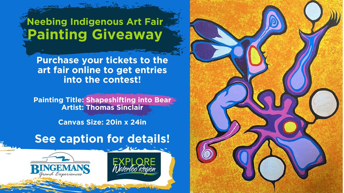 PAINTING GIVEAWAY!
When you purchase your tickets to the #NeebingIndigenousArtFair at <a href="/Bingemans/">Bingemans</a> you have a chance to win this painting by artist Thomas Sinclair.

Title: Shapeshifting into Bear
Canvas Size: 20in x 24in

indigenouswr.ca/admissions
Open until July 16th at 9:00pm EST.