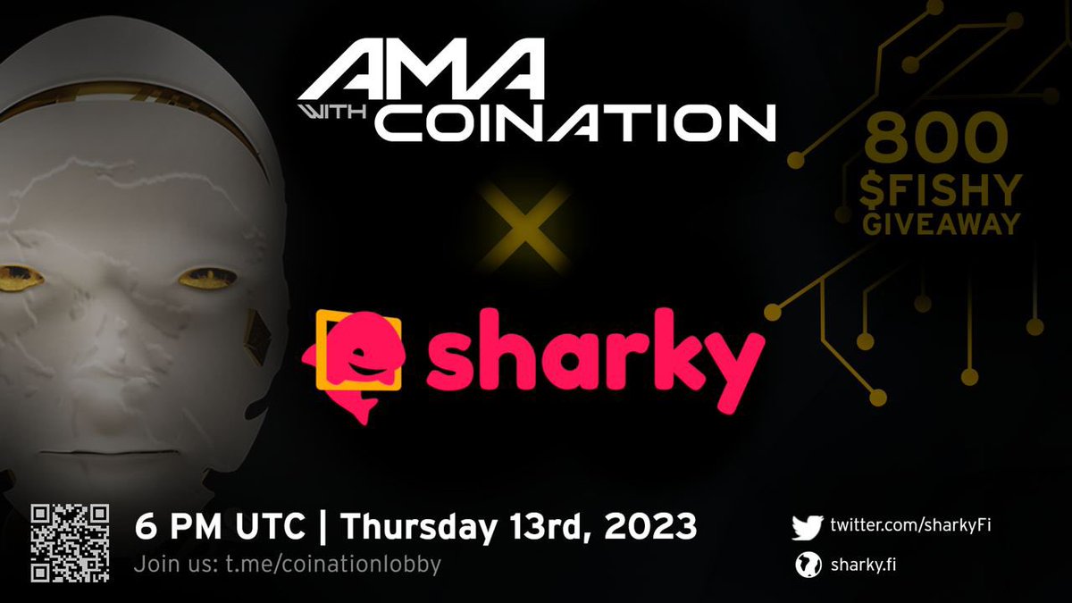 coinationX's tweet photo. Don’t miss our AMA with @SharkyFi tomorrow!
When?
Thursday 6PM UTC!
Where?
https://t.co/qQC5X9Wq06
At the end we are going to give away 800 #FISHY to 4 lucky winners!
SharkyFi, borrow & lend against your NFTs instantly!
#AMA #SharkyFi #coination https://t.co/X7T9csHtPK